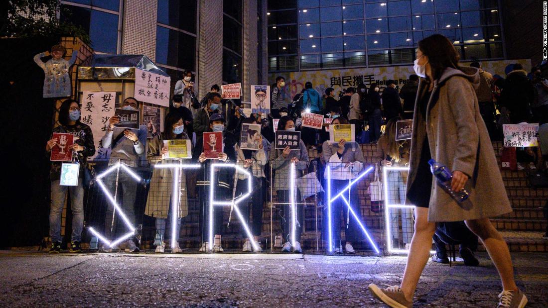 A light installation is displayed by striking members of the Hospital Authority Employees Alliance and other activists at the Hospital Authority building in Hong Kong on February 7.