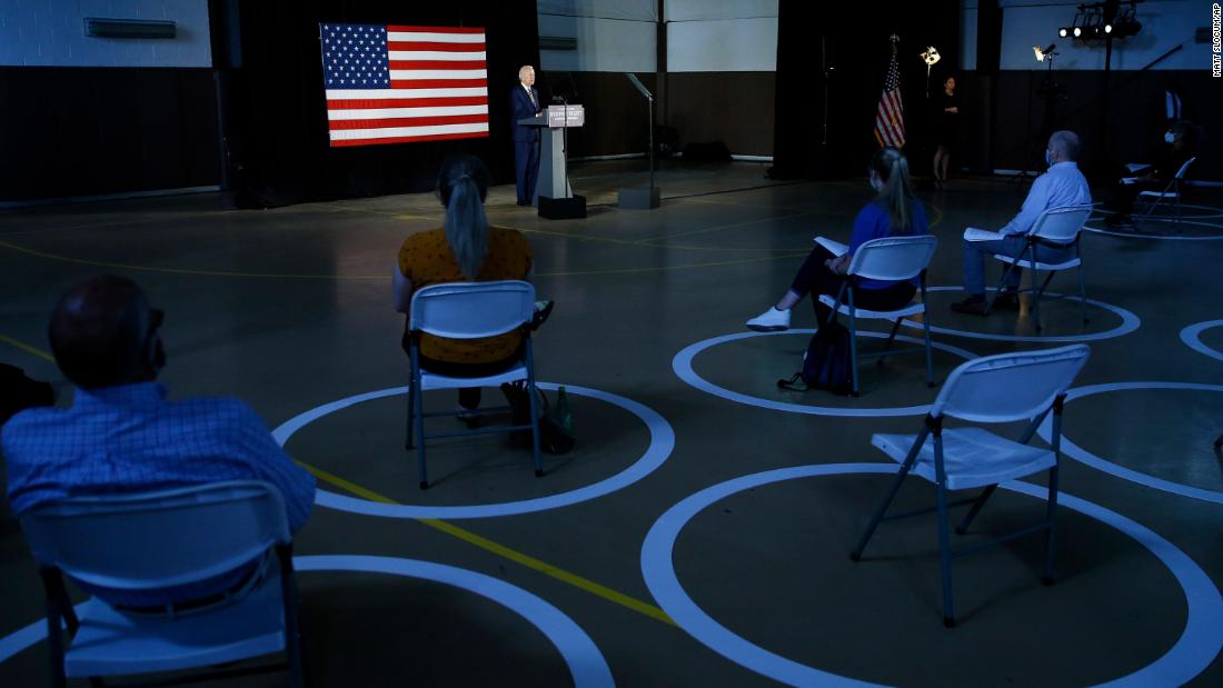 People are spread out as former Vice President Joe Biden, the Democratic Party&#39;s presumptive presidential nominee, speaks in Darby, Pennsylvania, on June 17.